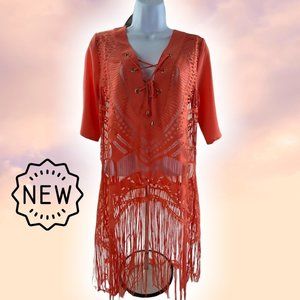 NWT Bohemian Orange Fringe Beach Swimsuit Cover size Small